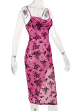 Rose Red Sexy Floral Print Backless Slit Spaghetti Strap One Step Skirt Dresses