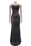 Red Sexy Patchwork Hot Drilling See-Through Backless Spaghetti Strap Long Dresses
