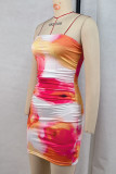 Colour Sexy Print Patchwork Backless Strapless Wrapped Skirt Dresses