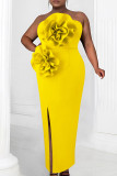 Red Sexy Solid Color Flowers Backless Slit Strapless Long Dresses