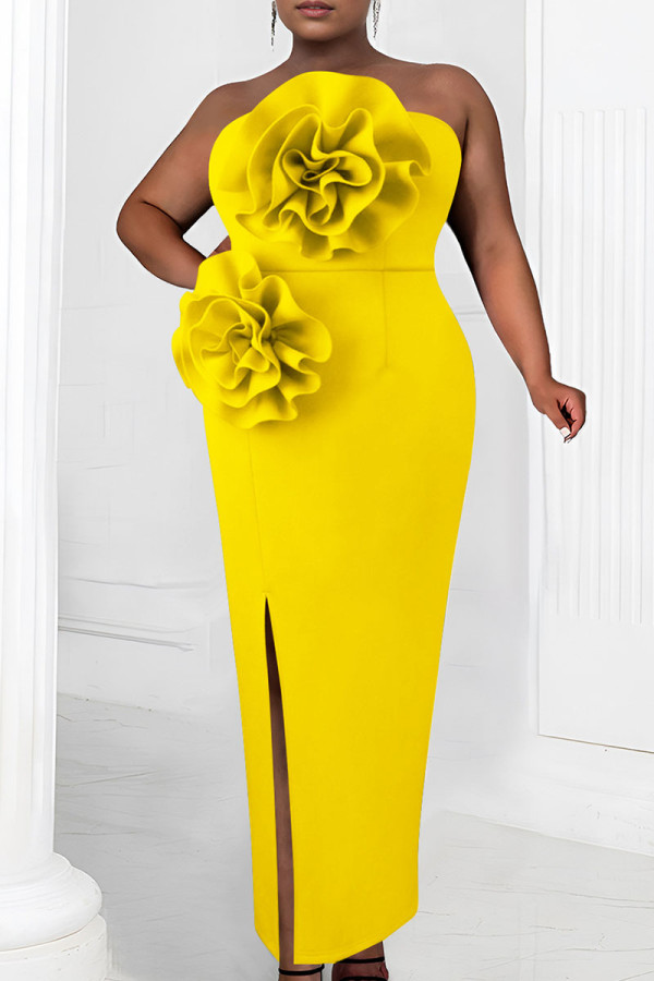 Yellow Sexy Solid Color Flowers Backless Slit Strapless Long Dresses