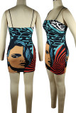 Green Sexy Print Patchwork Backless Spaghetti Strap Sling Dresses