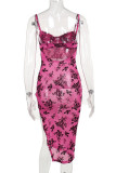Rose Red Sexy Floral Print Backless Slit Spaghetti Strap One Step Skirt Dresses