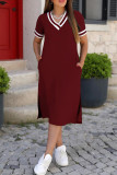 Blue Elegant Pocket Patchwork Contrast V Neck Straight Dresses