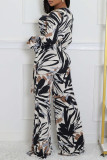 Black Casual Print Patchwork Strap Design V Neck Loose Jumpsuits