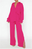 Rose Red Casual Solid Color Basic Shirt Collar Long Sleeve Two Pieces
