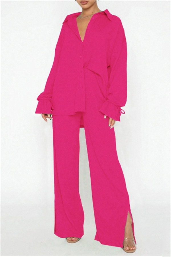 Rose Red Casual Solid Color Basic Shirt Collar Long Sleeve Two Pieces