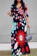 Black Casual Floral Print Belted V Neck Long Dresses