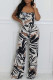 Black Sexy Print Patchwork Backless Spaghetti Strap Regular Jumpsuits