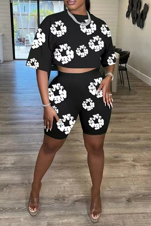 Black Casual Street Flowers O Neck Short Sleeve Two Pieces