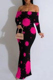 Rose Red Casual Print Patchwork Off Shoulder Long Dresses