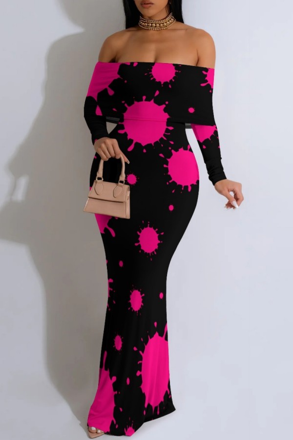 Black Casual Print Patchwork Off Shoulder Long Dresses