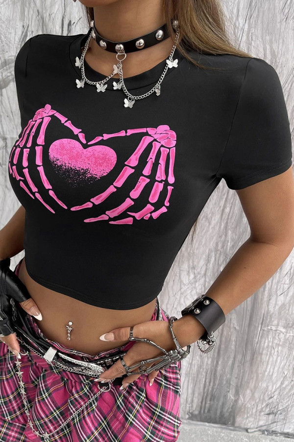 Black Pink Casual Print Patchwork O Neck T-Shirts
