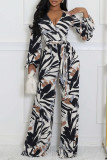Black Casual Print Patchwork Strap Design V Neck Loose Jumpsuits