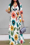 Apricot Casual Floral Print Belted V Neck Long Dresses