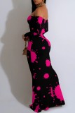 Rose Red Casual Print Patchwork Off Shoulder Long Dresses