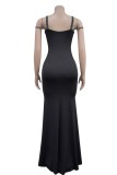 Red Sexy Patchwork Hot Drilling See-Through Backless Spaghetti Strap Long Dresses