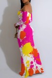 Rose Red Casual Print Patchwork Off Shoulder Long Dresses