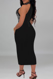 Black Sexy Patchwork Hot Drill Zipper O Neck Long Dresses
