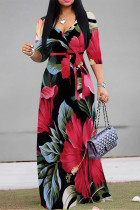 Black Red Elegant Floral Print Lace Up V Neck Printed Dresses