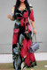 Black Red Elegant Floral Print Lace Up V Neck Printed Dresses