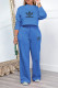 Blue Casual Street Letter Print Draw String Pocket O Neck Long Sleeve Two Pieces