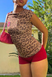Leopard Print Sexy Leopard Print Patchwork O Neck Sleeveless Two Pieces