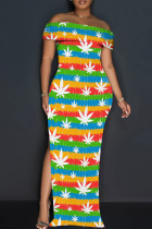 Colour Elegant Print Patchwork Backless High Slit Off Shoulder Long Dresses