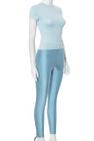 Blue Casual Solid Color Patchwork O Neck Short Sleeve Two Pieces