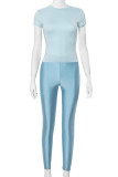 Blue Casual Solid Color Patchwork O Neck Short Sleeve Two Pieces