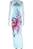 Sky Blue Sexy Print Patchwork Backless Spaghetti Strap Sling Dresses