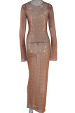 Brown Sexy Print Patchwork See-Through O Neck Long Dresses