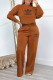 Brown Casual Street Letter Print Draw String Pocket O Neck Long Sleeve Two Pieces