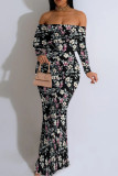 Black And White Sexy Print Patchwork Backless Off Shoulder Long Dresses