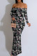Black And White Sexy Print Patchwork Backless Off Shoulder Long Dresses