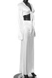 White Sexy Solid Color Patchwork Strap Design Deep V Neck Long Sleeve Two Pieces