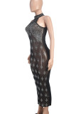 Black Sexy Patchwork Hot Drill Zipper O Neck Long Dresses