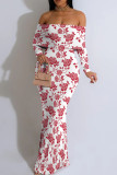 Black And White Sexy Print Patchwork Backless Off Shoulder Long Dresses