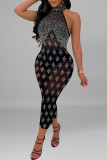 Black Sexy Patchwork Hot Drill Zipper O Neck Long Dresses