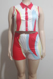 Colour Sexy Print Buckle Patchwork Turndown Collar Sleeveless Two Pieces