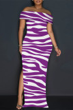 Brown Sexy Striped Print Slit Off Shoulder Printed Dresses