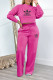 Rose Red Casual Street Letter Print Draw String Pocket O Neck Long Sleeve Two Pieces