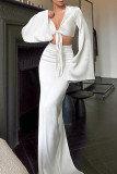 White Sexy Solid Color Patchwork Strap Design Deep V Neck Long Sleeve Two Pieces