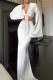 White Sexy Solid Color Patchwork Strap Design Deep V Neck Long Sleeve Two Pieces