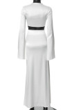 White Sexy Solid Color Patchwork Strap Design Deep V Neck Long Sleeve Two Pieces