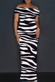 Brown Sexy Striped Print Slit Off Shoulder Printed Dresses