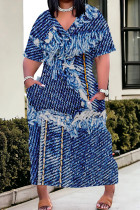 Deep Blue Elegant Print Pocket Patchwork V Neck Straight Plus Size Dresses