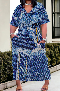Deep Blue Elegant Print Pocket Patchwork V Neck Straight Plus Size Dresses