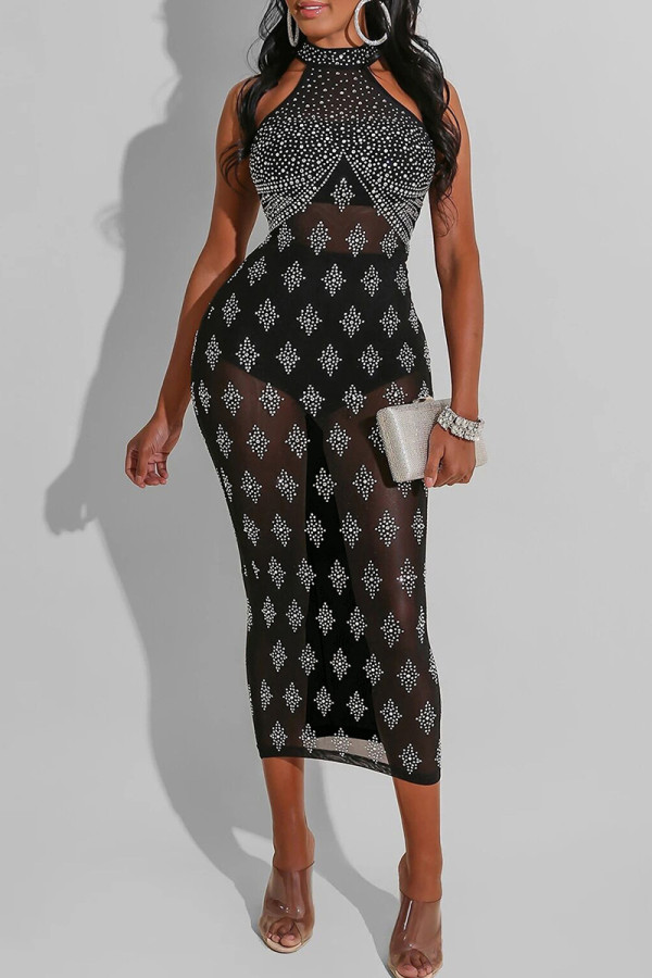 Black Sexy Patchwork Hot Drill Zipper O Neck Long Dresses