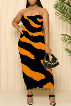 Orange Sexy Striped Print Contrast Printed Dresses